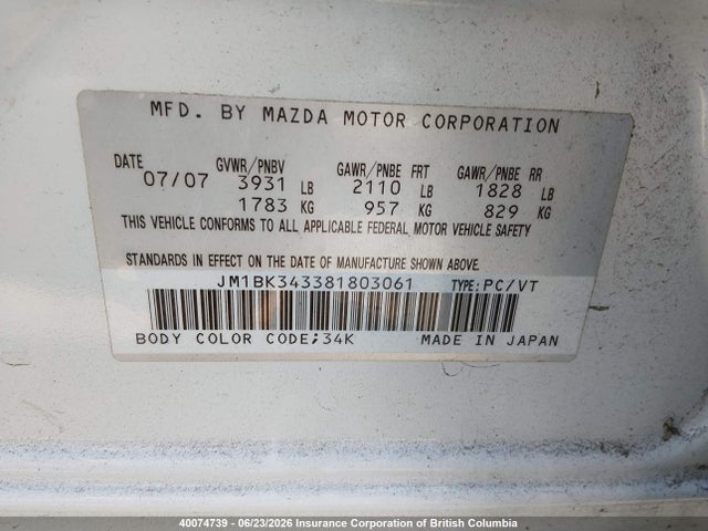 Aukcja sprzedaży 2008 Mazda 3 Hatchback, vin: JM1BK343381803061, numer aukcji: 40074739