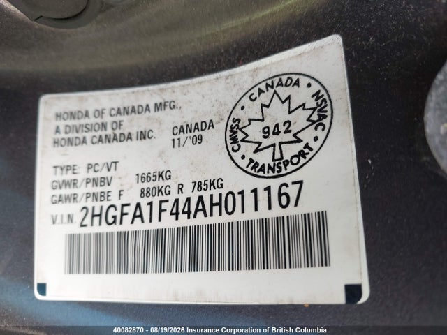 2010 Honda Civic მანქანა იყიდება აუქციონზე, vin: 2HGFA1F44AH011167, აუქციონის ნომერი: 40082870
