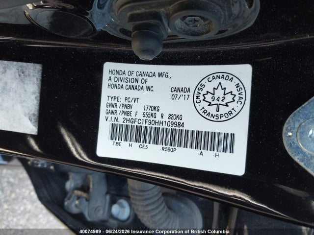 2017 Honda Civic Touring მანქანა იყიდება აუქციონზე, vin: 2HGFC1F90HH109984, აუქციონის ნომერი: 40074989