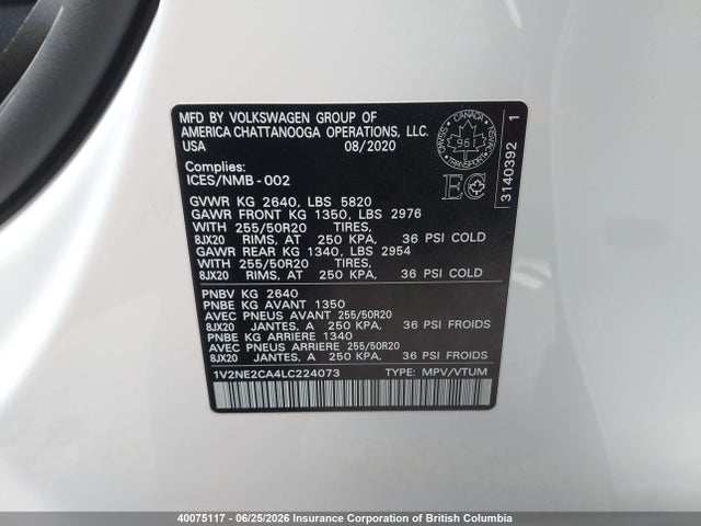 2020 Volkswagen Atlas Cross Sport Sel Premium მანქანა იყიდება აუქციონზე, vin: 1V2NE2CA4LC224073, აუქციონის ნომერი: 40075117