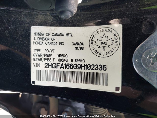 40082882 :رقم المزاد ، 2HGFA16609H102336 vin ، 2009 Honda Civic مزاد بيع