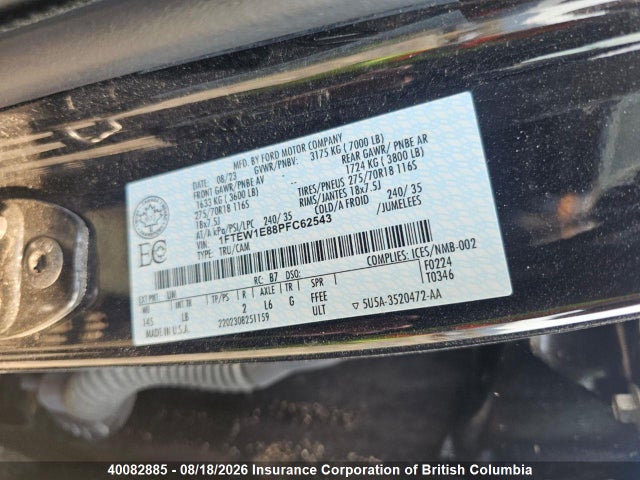 2023 Ford F150 მანქანა იყიდება აუქციონზე, vin: 1FTEW1E88PFC62543, აუქციონის ნომერი: 40082885