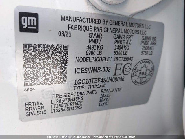 2025 Chevrolet Silverado მანქანა იყიდება აუქციონზე, vin: 1GC10TEF4SU408046, აუქციონის ნომერი: 40082889