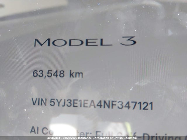 2022 Tesla Model 3 მანქანა იყიდება აუქციონზე, vin: 5YJ3E1EA4NF347121, აუქციონის ნომერი: 40082894