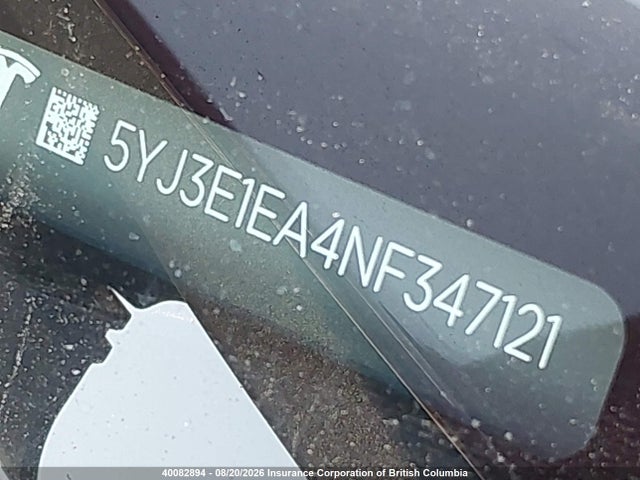 2022 Tesla Model 3 მანქანა იყიდება აუქციონზე, vin: 5YJ3E1EA4NF347121, აუქციონის ნომერი: 40082894