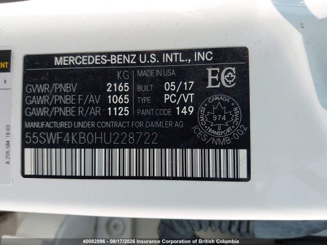 40082896 :رقم المزاد ، 55SWF4KB0HU228722 vin ، 2017 Mercedes-benz C 300 4matic مزاد بيع