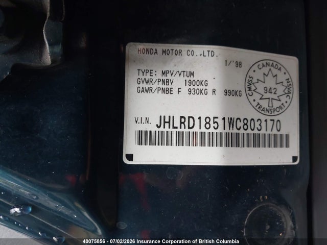 Aukcja sprzedaży 1998 Honda Cr-v Ex, vin: JHLRD1851WC803170, numer aukcji: 40075856