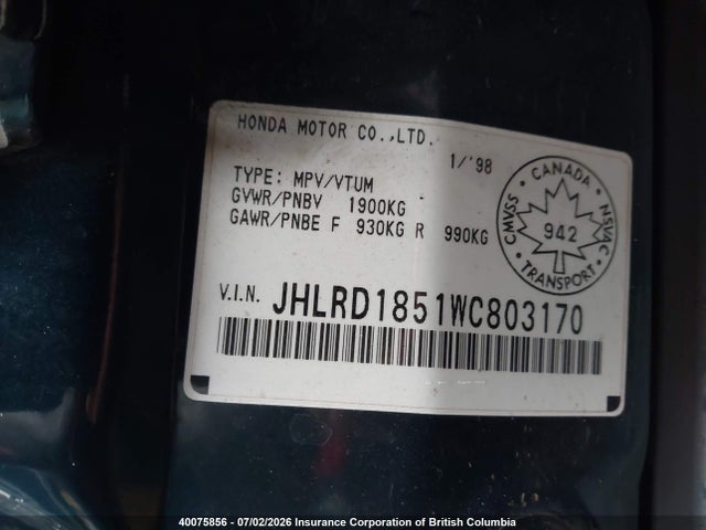 Aukcja sprzedaży 1998 Honda Cr-v Ex, vin: JHLRD1851WC803170, numer aukcji: 40075856