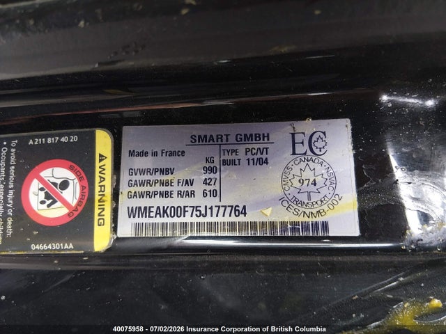 Продажа на аукционе авто 2005 Smart Fortwo, vin: WMEAK00F75J177764, номер лота: 40075958