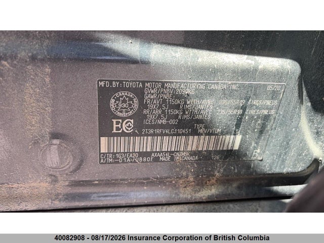 40082908 :رقم المزاد ، 2T3R1RFV4LC110451 vin ، 2020 Toyota Rav4 مزاد بيع