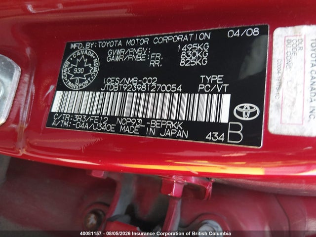 40081157 :رقم المزاد ، JTDBT923981270054 vin ، 2008 Toyota Yaris مزاد بيع