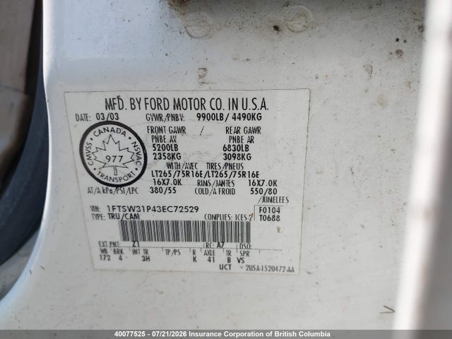 40077525 :رقم المزاد ، 1FTSW31P43EC72529 vin ، 2003 Ford F350 Srw Super Duty مزاد بيع