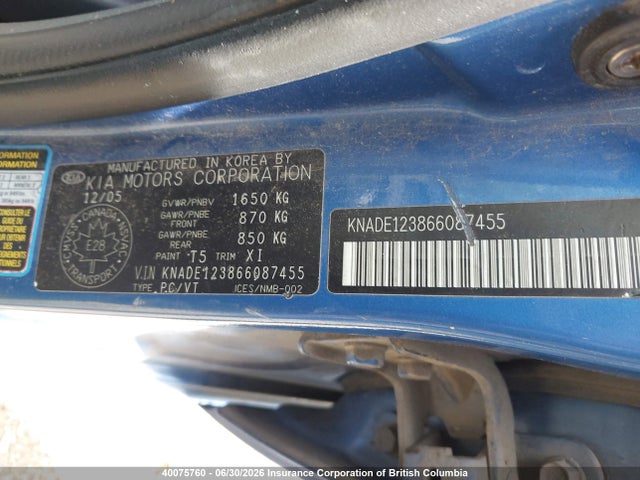 Продаж на аукціоні авто 2006 Kia Rio, vin: KNADE123866087455, номер лоту: 40075760