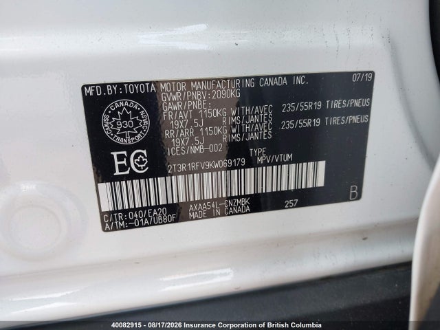 Продаж на аукціоні авто 2019 Toyota Rav4, vin: 2T3R1RFV9KW069179, номер лоту: 40082915
