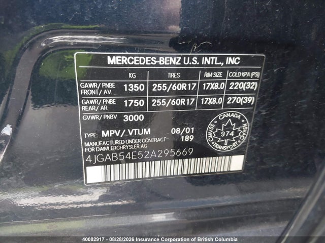 Продажа на аукционе авто 2002 Mercedes-benz Ml 320, vin: 4JGAB54E52A295669, номер лота: 40082917