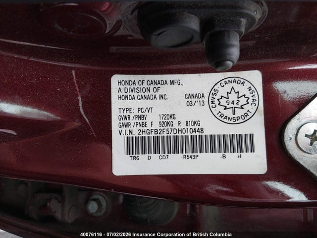 Продаж на аукціоні авто 2013 Honda Civic Lx, vin: 2HGFB2F57DH010448, номер лоту: 40076116