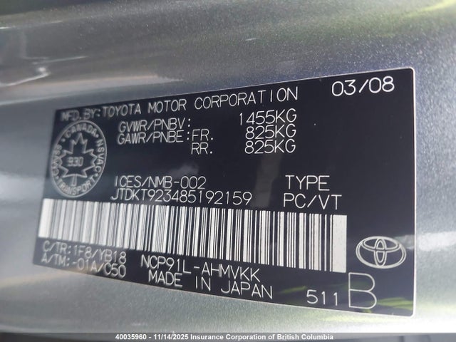 Aukcja sprzedaży 2008 Toyota Yaris, vin: JTDKT923485192159, numer aukcji: 40035960
