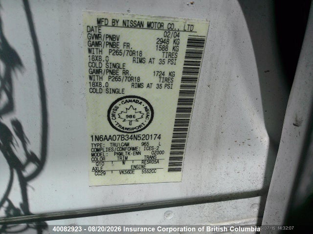 Продаж на аукціоні авто 2004 Nissan Titan, vin: 1N6AA07B34N520174, номер лоту: 40082923
