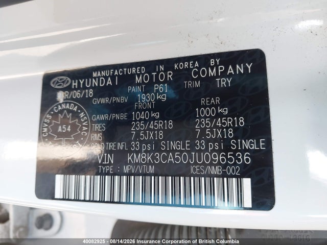 Продаж на аукціоні авто 2018 Hyundai Kona, vin: KM8K3CA50JU096536, номер лоту: 40082925