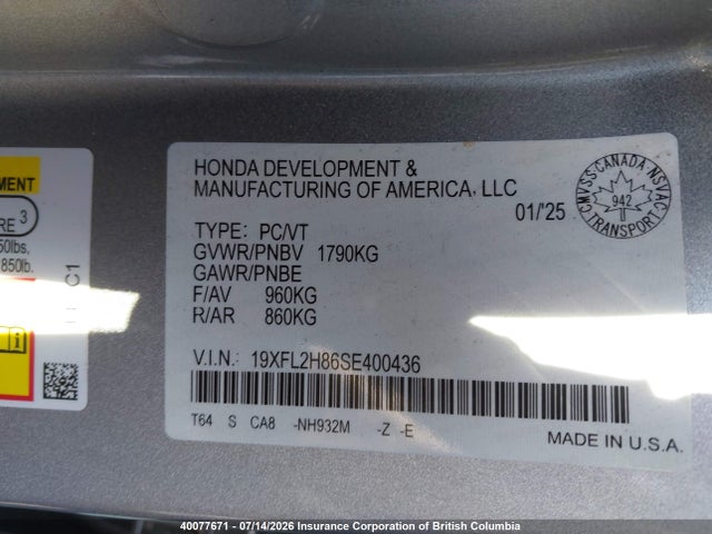 40077671 :رقم المزاد ، 19XFL2H86SE400436 vin ، 2025 Honda Civic Sport مزاد بيع