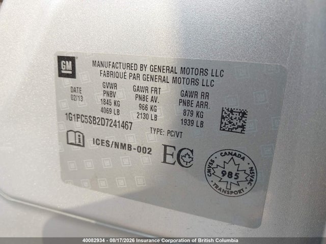 40082934 :رقم المزاد ، 1G1PC5SB2D7241467 vin ، 2013 Chevrolet Cruze مزاد بيع