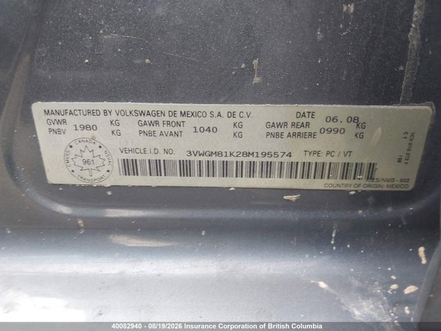 40082940 :رقم المزاد ، 3VWGM81K28M195574 vin ، 2008 Volkswagen Jetta مزاد بيع