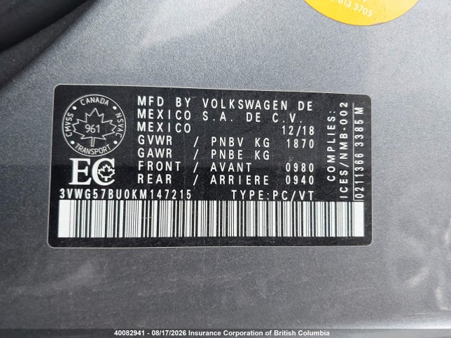 Auction sale of the 2019 Volkswagen Jetta, vin: 3VWG57BU0KM147215, lot number: 40082941