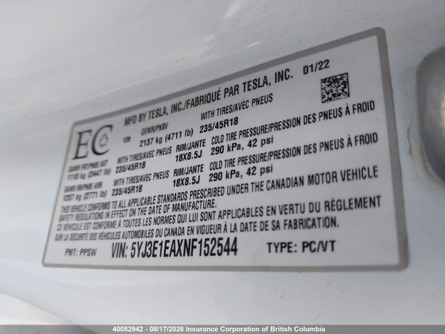 Tesla MODEL 3 2022 5YJ3E1EAXNF152544 Image 9