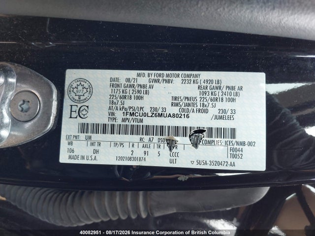 Aukcja sprzedaży 2021 Ford Escape Titanium, vin: 1FMCU0LZ6MUA80216, numer aukcji: 40082951
