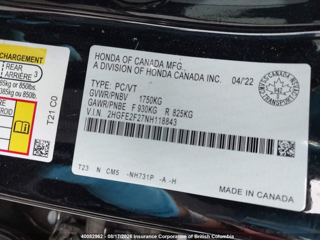 Продаж на аукціоні авто 2022 Honda Civic, vin: 2HGFE2F27NH118843, номер лоту: 40082962