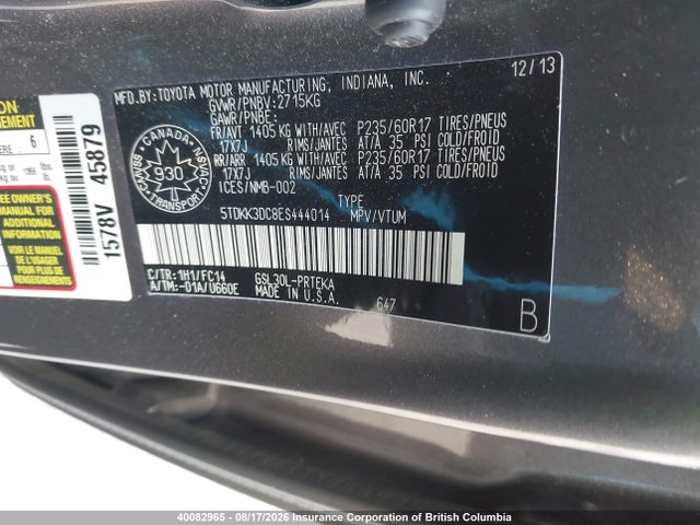 40082965 :رقم المزاد ، 5TDKK3DC8ES444014 vin ، 2014 Toyota Sienna Le مزاد بيع