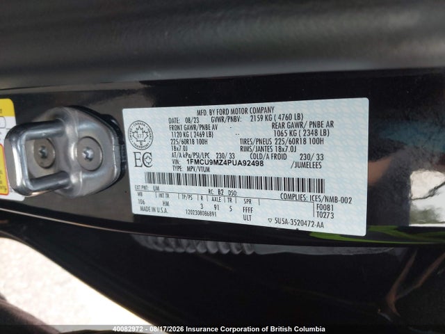40082972 :رقم المزاد ، 1FMCU9MZ4PUA92498 vin ، 2023 Ford Escape St Line مزاد بيع