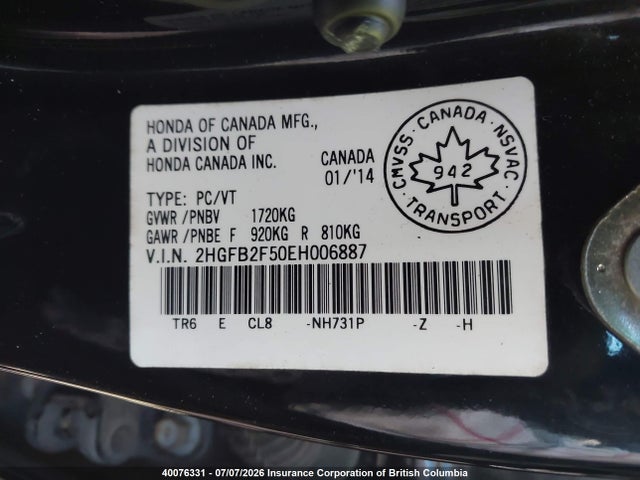 Продаж на аукціоні авто 2014 Honda Civic Lx, vin: 2HGFB2F50EH006887, номер лоту: 40076331