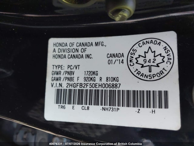 Продаж на аукціоні авто 2014 Honda Civic Lx, vin: 2HGFB2F50EH006887, номер лоту: 40076331