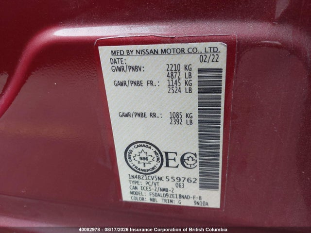 Продажа на аукционе авто 2022 Nissan Leaf, vin: 1N4BZ1CV5NC559762, номер лота: 40082978