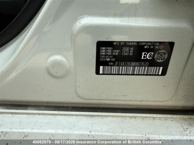 Aukcja sprzedaży 2021 Subaru Wrx, vin: JF1VA1Z6XM9807620, numer aukcji: 40082979