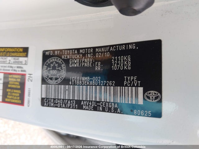 2011 Toyota Camry მანქანა იყიდება აუქციონზე, vin: 4T1BB3EK8BU127262, აუქციონის ნომერი: 40082981