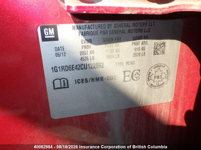 Продажа на аукционе авто 2012 Chevrolet Volt, vin: 1G1RD6E42CU122892, номер лота: 40082984
