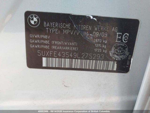 2009 Bmw X5 მანქანა იყიდება აუქციონზე, vin: 5UXFE43549L275293, აუქციონის ნომერი: 40082986