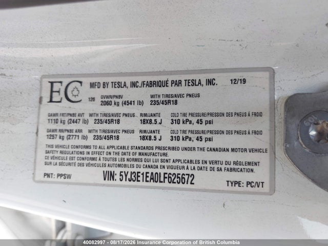 Tesla MODEL 3 2020 5YJ3E1EA0LF625672 Image 9