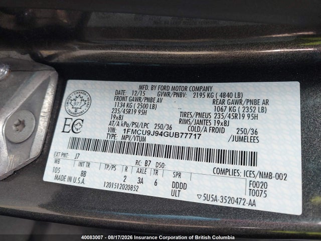Aukcja sprzedaży 2016 Ford Escape Titanium, vin: 1FMCU9J94GUB77717, numer aukcji: 40083007
