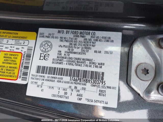 Продажа на аукционе авто 2017 Ford Mustang, vin: 1FA6P8TH8H5303795, номер лота: 40083013