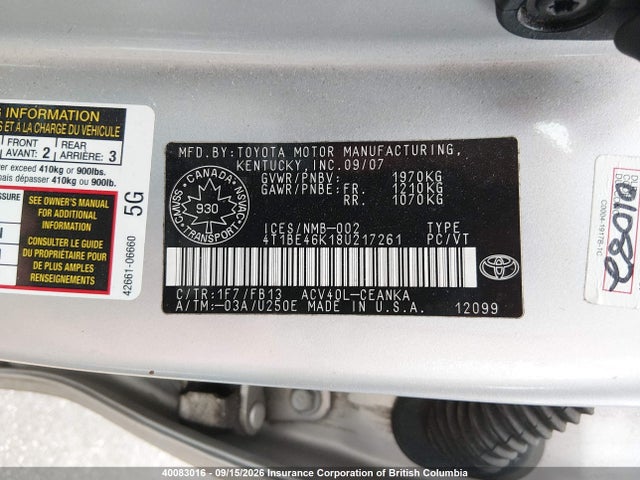 Продажа на аукционе авто 2008 Toyota Camry, vin: 4T1BE46K18U217261, номер лота: 40083016