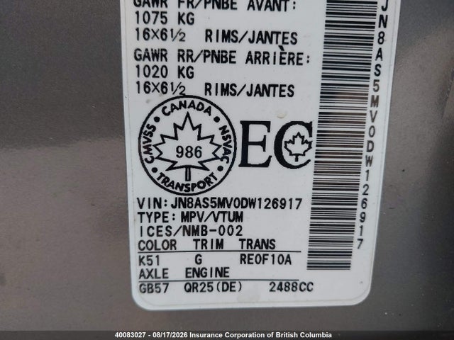 40083027 :رقم المزاد ، JN8AS5MV0DW126917 vin ، 2013 Nissan Rogue مزاد بيع