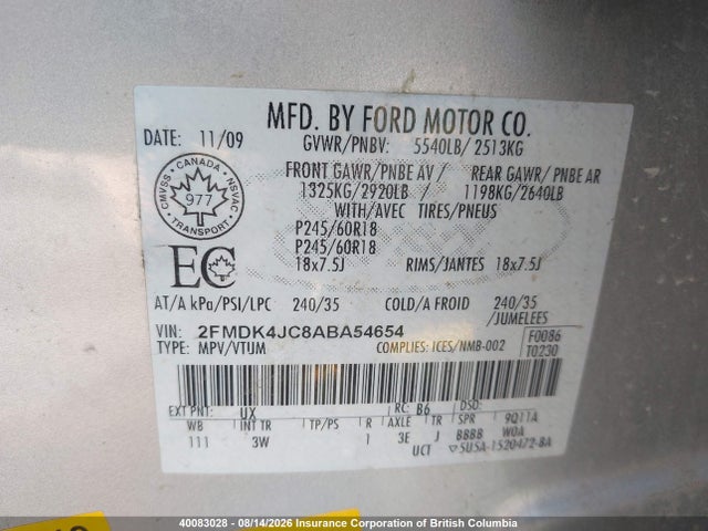 Aukcja sprzedaży 2010 Ford Edge, vin: 2FMDK4JC8ABA54654, numer aukcji: 40083028