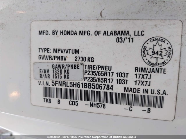 Aukcja sprzedaży 2011 Honda Odyssey Ex-l, vin: 5FNRL5H61BB506784, numer aukcji: 40083032