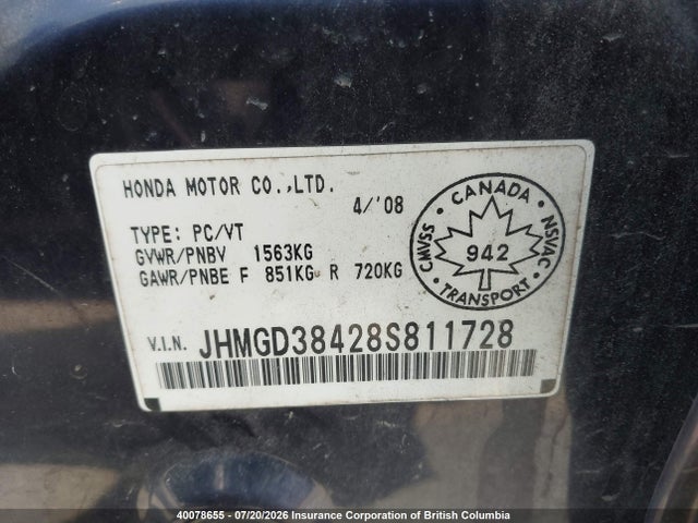 Aukcja sprzedaży 2008 Honda Fit, vin: JHMGD38428S811728, numer aukcji: 40078655