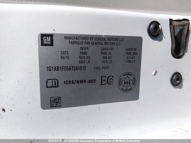 40079173 :رقم المزاد ، 1G1AB1F55A7241612 vin ، 2010 Chevrolet Cobalt Ls مزاد بيع