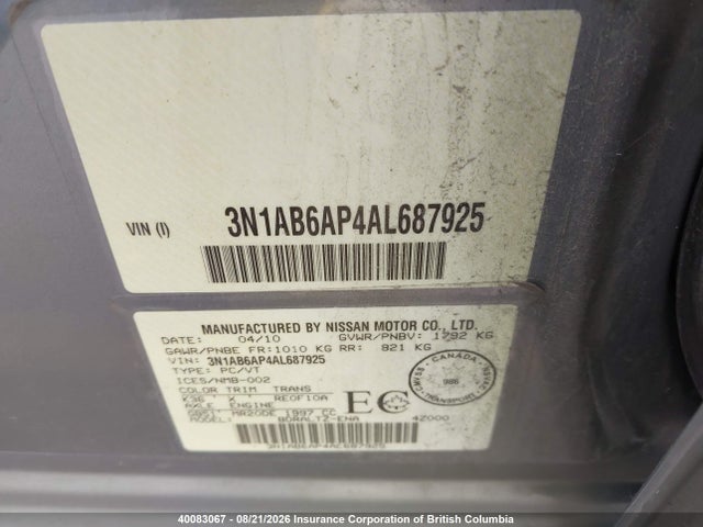40083067 :رقم المزاد ، 3N1AB6AP4AL687925 vin ، 2010 Nissan Sentra 2.0/2.0s/sr/2.0sl مزاد بيع