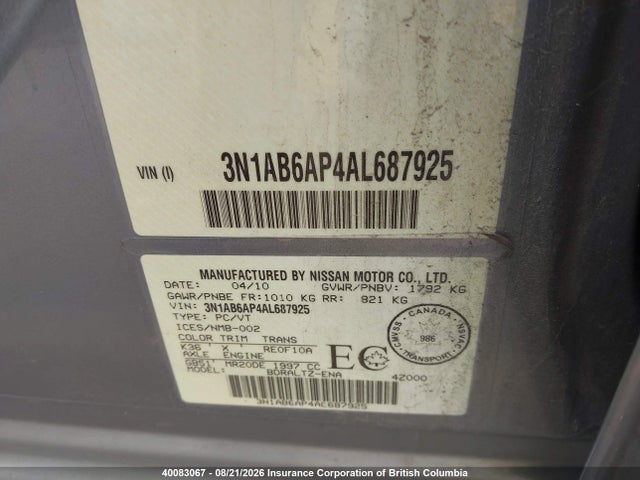 40083067 :رقم المزاد ، 3N1AB6AP4AL687925 vin ، 2010 Nissan Sentra 2.0/2.0s/sr/2.0sl مزاد بيع
